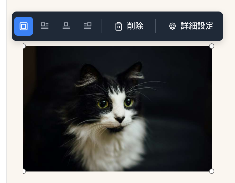 画像をクリックすると表示される配置・削除・詳細設定メニューとリサイズハンドル